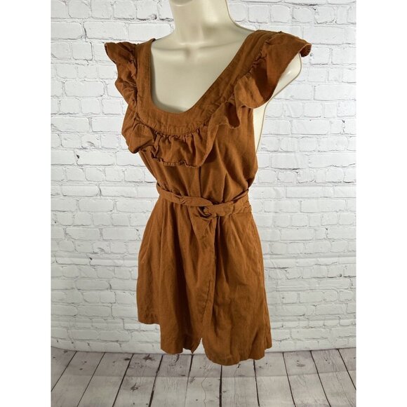 Free People Orange Linen Cotton Racerback Ruffle Neckline Faux Wrap Mini Dress S - Picture 10 of 11
